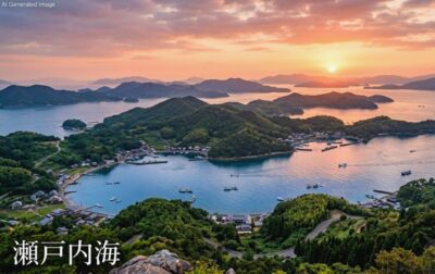 瀬戸内海の「多島美(たとうび)」の景色 の例(画像はあくまでAIによるイメージです。)
