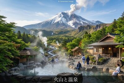 日本の温泉の歴史を育んだ活火山と湯けむりのイメージ図（画像はあくまでAIによるイメージです。）