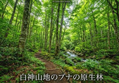 白神山地の、ブナ原生林(画像はあくまでAIによるイメージです。)(鉄道唱歌 秋田編の解説)