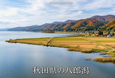 広大な八郎潟の風景(画像はあくまでAIによるイメージです。)(東北の田園地帯や農業の歴史解説)