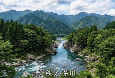 秩父の山々と荒川（画像はあくまでAIによるイメージです。）（鉄道唱歌：赤羽・荒川・秩父関連）