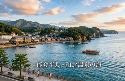 能登半島・和倉温泉の海（画像はあくまでAIによるイメージです。実際の景色ではありませんので、ご了承ください。）
