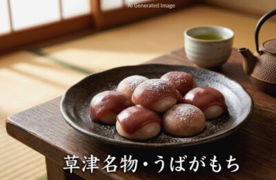 草津名物・うばがもち（画像はあくまでAIによるイメージです。）（鉄道唱歌：彦根・草津関連）