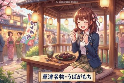 草津名物・うばがもち（画像はあくまでAIによるイメージです。）（鉄道唱歌：彦根・草津関連）