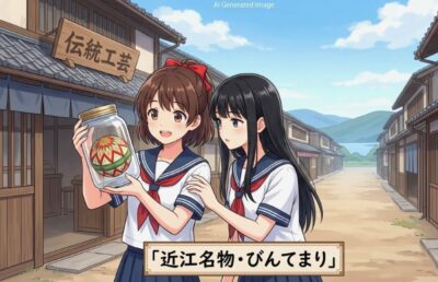近江名物・びんてまり。ガラス瓶の中になぜか大きなマリが入っているという、なんとも不思議な伝統工芸品。（画像はあくまでAIによるイメージです。）（鉄道唱歌：彦根・草津関連）
