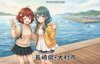 長崎県大村市の観光（大村湾、大村空港、ボートレース等）（画像はあくまでAIによるイメージです。実際の景色・人物等ではありませんので、ご了承ください。）（鉄道唱歌：大村・諫早関連）