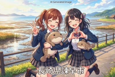 長崎県諫早市の観光（有明海の干潟と、ムツゴロウのぬいぐるみ）（画像はあくまでAIによるイメージです。）