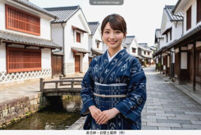 倉吉絣と、白壁土蔵群（画像はあくまでAIによるイメージです。実際の景色・人物等ではありませんので、ご了承ください。）（山陰鉄道唱歌：倉吉関連）