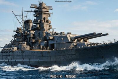 前方に巨大な「46cm砲」という、とてつもなく大きく、そして遠くへと届く主砲を備えていた。それだけ大きな主砲を放つと、船体にとても大きな振動と衝撃が走るため、戦艦大和はここまで船体そのものが大きくならざるを得なかった（画像はあくまでAIによるイメージです。）