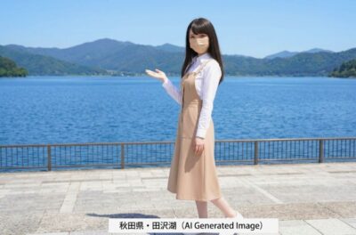 クニマスの歴史に思いを馳せながら田沢湖を訪れたAI架空自撮りイメージ写真