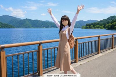 田沢湖の湖畔からの、AI架空自撮りイメージ写真