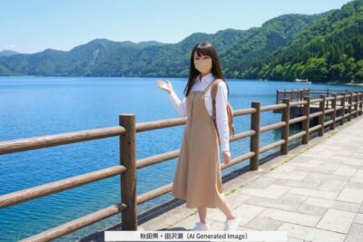 神秘的な田沢湖の湖畔で景色を満喫するAI架空自撮りイメージ写真
