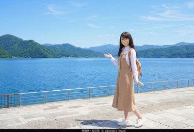 天然の宝石のように輝く田沢湖畔を満喫するAI架空自撮りイメージ写真