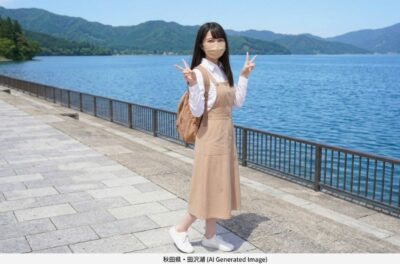 圧倒的な水深を誇る田沢湖の湖畔で旅を楽しむAI架空自撮りイメージ写真