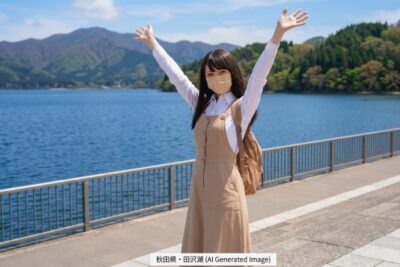 田沢湖の透き通る湖水を背に、両手でポーズを決めるAI架空自撮り