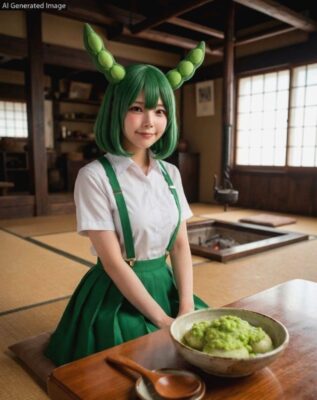 ※画像は生成AIによるイメージなのだ!畳に切られた囲炉裏のぬくもりと、素朴なずんだ餅がよく似合うのだ。