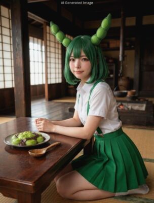 東北の古民家・直屋の落ち着いた和室空間でくつろぐずんだもん(画像はあくまでAIによるイメージなのだ)