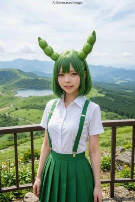 ずんだもんのコスプレイメージ図(東北の高原地帯の魅力を案内するのだ!)(画像はあくまでAIによるイメージなのだ。実際の景色・人物等ではありませんので、ご了承くださいなのだ)