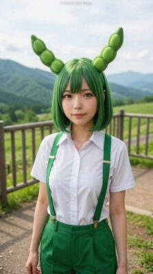 ずんだもんのコスプレイメージ図(東北の高原地帯のトレッキングを楽しむのだ!)(画像はあくまでAIによるイメージなのだ)