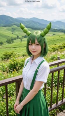 ずんだもんのコスプレイメージ図(東北の高原地帯の旅のまとめなのだ!)(画像はあくまでAIによるイメージなのだ)