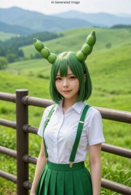 ずんだもんのコスプレイメージ図(東北の高原地帯の歴史を学ぶのだ!)(画像はあくまでAIによるイメージなのだ)