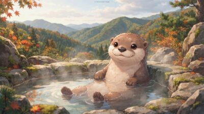 「いやいや、なんでカワウソが温泉に入ってんねん！」って豪快なツッコミを頭の中で入れてあげてください笑（画像はあくまでAIによるイメージです。）
