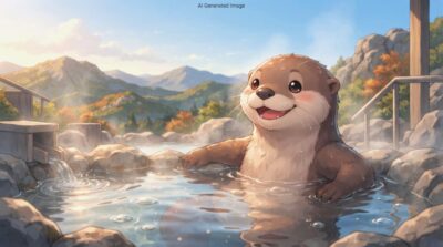 日本の温泉の歴史の起源を物語るカワウソが温まる風景のイメージ図（画像はあくまでAIによるイメージです。）