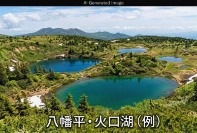 東北の高原地帯に広がる、八幡平の美しい湿原と火口湖(画像はあくまでAIによるイメージです。)