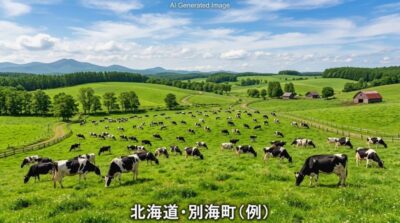 北海道別海町に広がる広大な大牧場の風景AIイメージ図