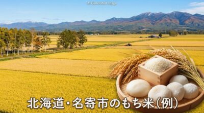 宗谷新幹線の最速達停車駅・名寄市の田園風景と、名寄名物・もち米(画像はあくまでAIによるイメージです。)