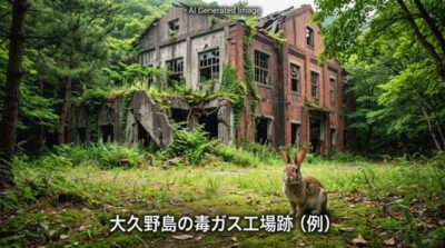 昭和の時代の歴史を物語る大久野島の毒ガス工場跡の遺構（画像はあくまでAIによるイメージです。）