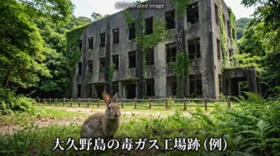 蔦や緑に覆われ静かに佇む大久野島の毒ガス工場跡の巨大遺構（画像はあくまでAIによるイメージです。）