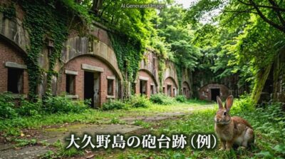役目を終えて静けさの中に佇む大久野島の砲台跡の円形砲座（画像はあくまでAIによるイメージです。）
