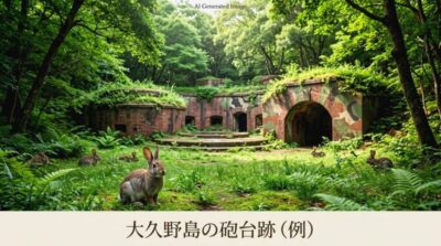 瀬戸内海の防衛拠点として築かれた大久野島の砲台跡の石造り遺構（画像はあくまでAIによるイメージです。）