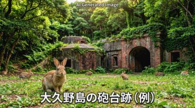 緑深い木々の中に静かに佇む、大久野島の砲台跡のレンガ遺構（画像はあくまでAIによるイメージです。）