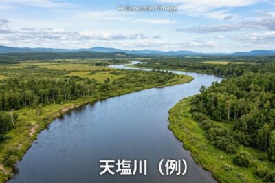 「士別」の由来となった天塩川(画像はあくまでAIによるイメージです。)