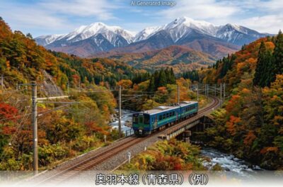 青森県・秋田県境付近の奥羽本線(画像はあくまでAIによるイメージです。実際の景色・車両等ではありませんので、ご了承ください)