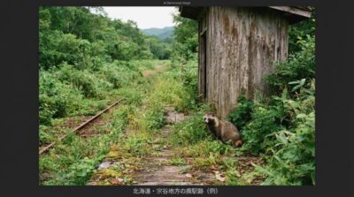 宗谷地方の廃線・廃駅跡にひっそりと現れるタヌキの様子(画像はあくまでAIによるイメージです。)