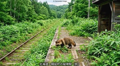 宗谷地方の廃線・廃駅跡の草むらで見つめるタヌキの情景(画像はあくまでAIによるイメージです。)