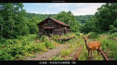 宗谷地方の廃線・廃駅跡と草を食むエゾシカの風景(画像はあくまでAIによるイメージです。)