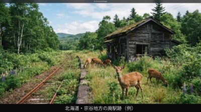 宗谷地方の廃線・廃駅跡とエゾシカさんたち(画像はあくまでAIによるイメージです。実物・実際の景色ではありませんので、ご了承ください。)