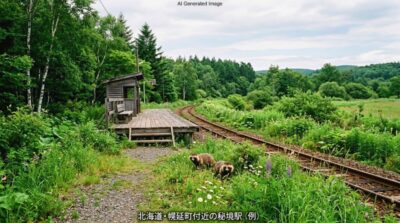 宗谷地方の廃線・廃駅跡の草むらに寄り添うタヌキたちの風景(画像はあくまでAIによるイメージです。)