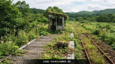 宗谷地方の廃線・廃駅跡に現れた愛らしいタヌキの姿(画像はあくまでAIによるイメージです。)