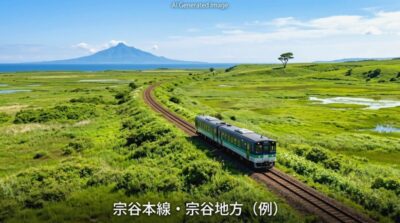 宗谷本線沿線の雄大な宗谷地方の風景イメージ図(画像はあくまでAIによるイメージです。実際の景色・車両等ではありませんので、ご了承ください。)