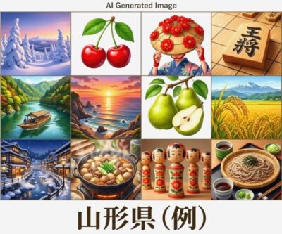 山形県の名物・ランドマークのイメージ（画像はあくまでAIによるイメージです。）（鉄道唱歌　山形編）