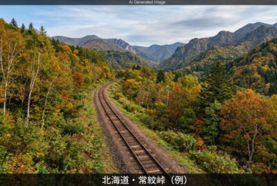 険しい常紋峠の線路(画像はあくまでAIによるイメージです。)