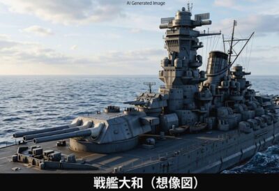 戦艦大和。後にも先にも、こんな巨大な手法やそれを支えるための船体を持った戦艦は存在しない（画像はあくまでAIによるイメージです。）