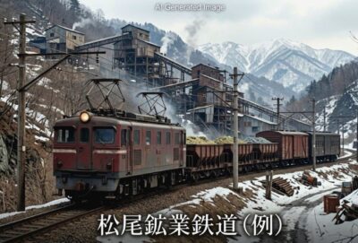 かつての松尾鉱業鉄道（画像はAIによるイメージです。実際の景色・車両等ではありませんので、ご了承ください。）