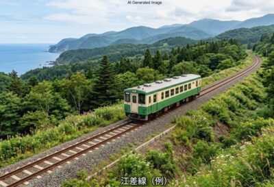 かつての江差線（画像はあくまでAIによるイメージです。実際の景色・車両等ではありませんので、ご了承ください）