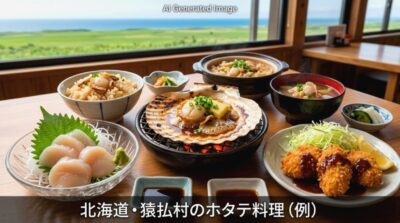 猿払村のホタテ料理(画像はあくまでAIによるイメージです。)